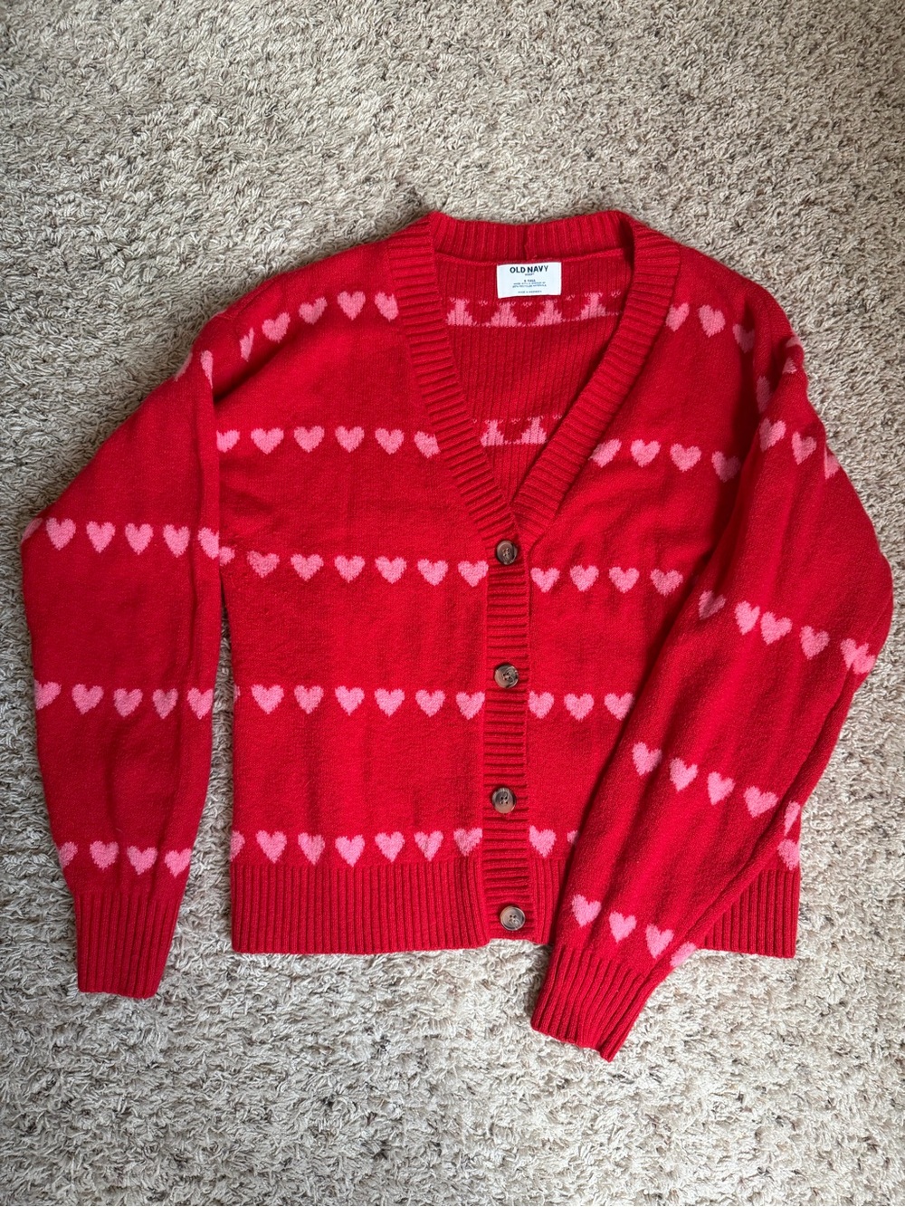 Old Navy Red V-Neck Button Cardigan with Pink Heart Pattern